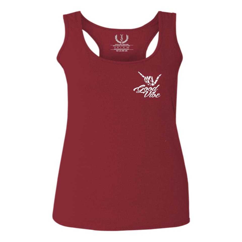 0012. Good Vibe Bones Hand Shaka Cool Vintage Hipster Graphic Women's Tank Top Racerback (Maroon, Large)