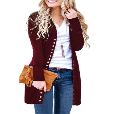 MEROKEETY Women's 2026 Spring Long Sleeve Cardigan Sweater Lightweight Snap Button Down Open Front Casual Outfit, Wine, XL