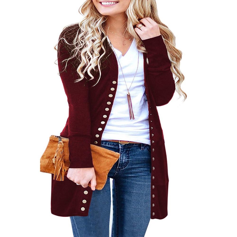 MEROKEETY Women's 2026 Spring Long Sleeve Cardigan Sweater Lightweight Snap Button Down Open Front Casual Outfit, Wine, XL