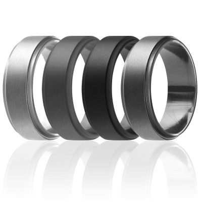 ROQ Silicone Rubber Wedding Ring for Men, Comfort Fit, Men's Wedding Band, Breathable Rubber Engagement Band, 8mm Wide 2mm Thick, Step Edge, 4 Pack, Silver, Grey, Black, Platinum, Size 11
