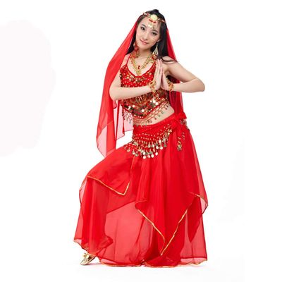 5 Pcs Chiffon Pepper Shape Women Belly Dance Costumes, Fashion Ladies Belly Dancing Girls, Indian Dance Costumes (RED)