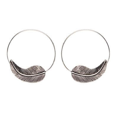 81stgeneration Women's Silver Tone Brass 50mm Detailed Leaf Plume Feather Hoop Threader Earrings