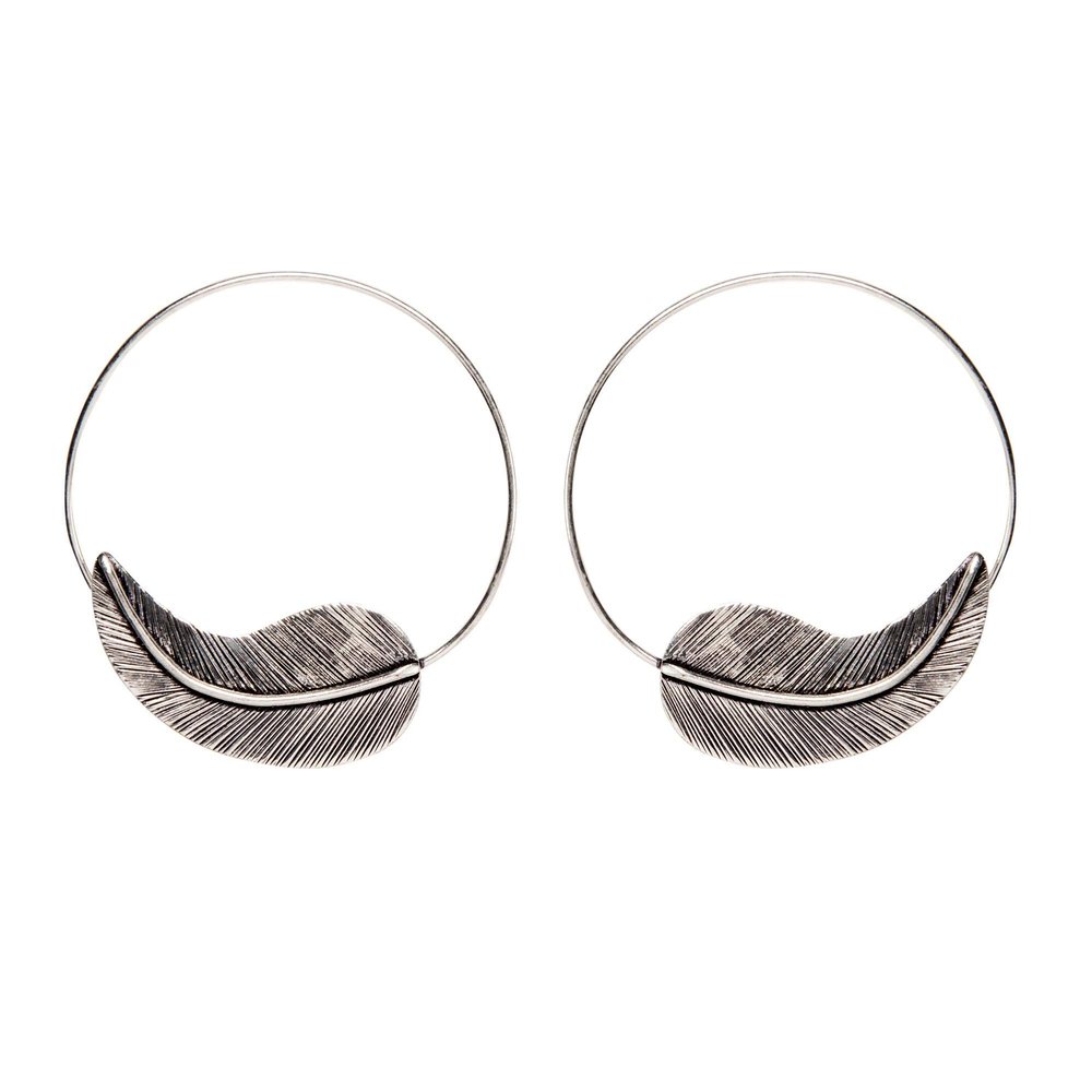 81stgeneration Women's Silver Tone Brass 50mm Detailed Leaf Plume Feather Hoop Threader Earrings