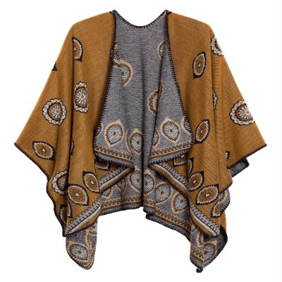 Women's Vintage Pattern Open Front Poncho Cape Shawl Winter Shawl Wraps (Series 3-Yellow)