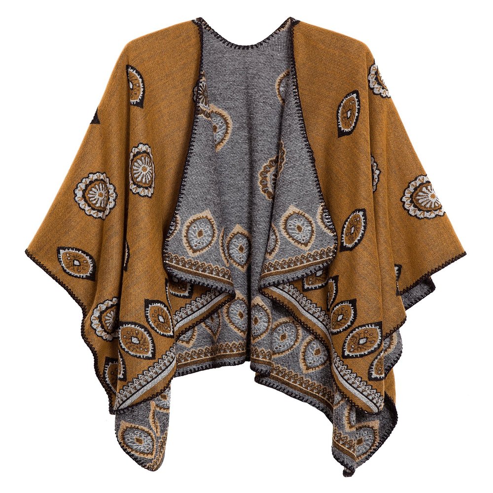 Women's Vintage Pattern Open Front Poncho Cape Shawl Winter Shawl Wraps (Series 3-Yellow)