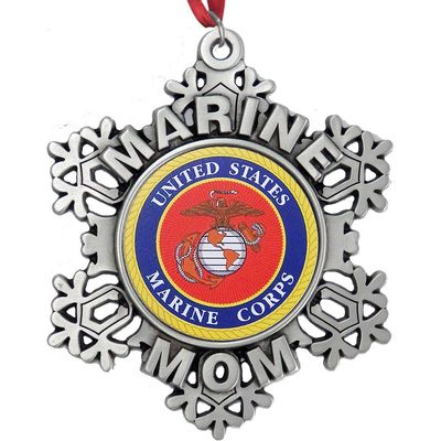 Indiana Metal Craft Christmas Ornament - USMC Marine MOM Snowflake Pewter Ornaments with EGA Color Print Emblem, Perfect for Christmas Decorations - Made in USA