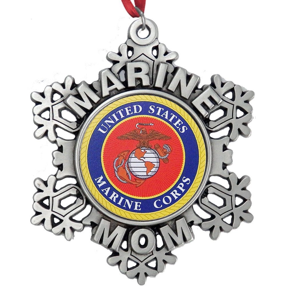 Indiana Metal Craft Christmas Ornament - USMC Marine MOM Snowflake Pewter Ornaments with EGA Color Print Emblem, Perfect for Christmas Decorations - Made in USA