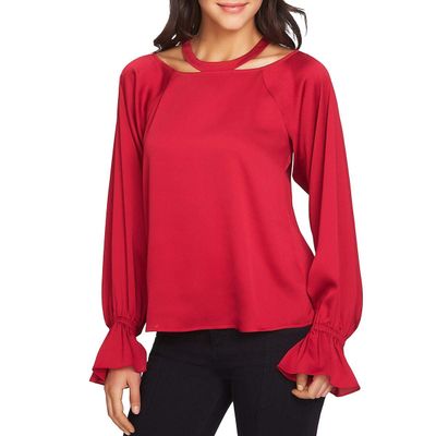 1.STATE Womens Bishop-Sleeve Halter Blouse Top, Red, X-Small