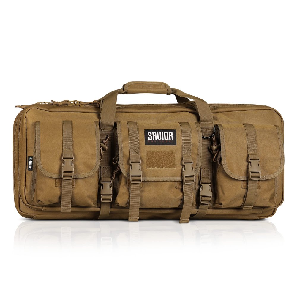Savior Equipment American Classic Tactical Double Short Gun Case Pistol Bag, Spacious Front Pockets, Padded Shoulder Strap Included, 24 Inch Flat Dark Earth Tan