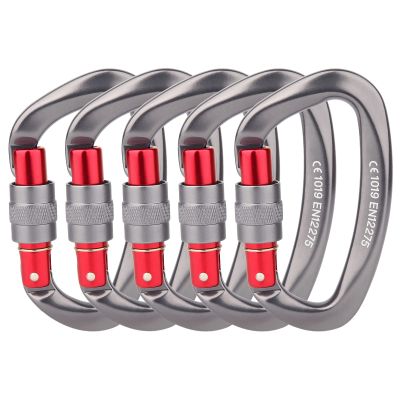 Locking Carabiner - 25kN 5600lb Climbing Carabiner Screw Gate D Shape Carabiner Grey (Pack of 5)