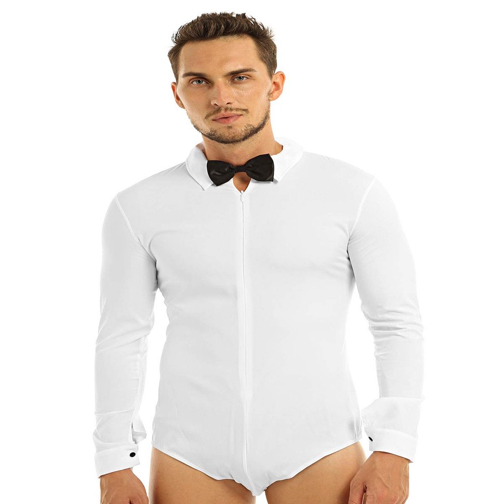 ACSUSS Men's Long Sleeve Latin Modern Ballroom Dance Shirt Romper Leotards White X-Large