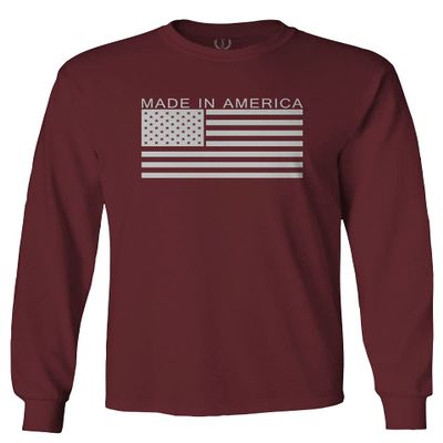 0010. Patriotic American Proud Made in USA United States America Flag Military Patriotic Style Men's Long Sleeve t Shirt (Maroon Large)