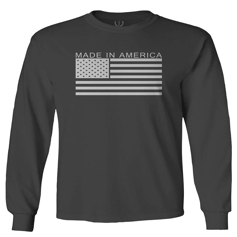 0010. Patriotic American Proud Made in USA United States America Flag Military Patriotic Style Men's Long Sleeve t Shirt (Characol, Small)