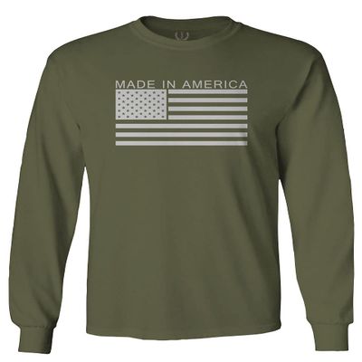 0010. Patriotic American Proud Made in USA United States America Flag Military Patriotic Style Men's Long Sleeve t Shirt (Olive, X-Large)