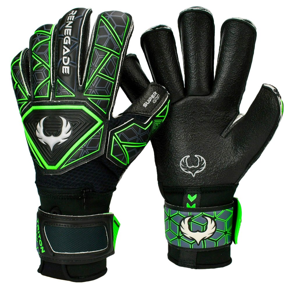 Renegade GK Triton Raider Goalie Gloves with Pro-Tek Fingersaves | 3.5+3mm Super Grip & 4mm Duratek | Black & Green Soccer Goalkeeper Gloves (Size 6, Youth, Kids, Roll Cut, Level 2)