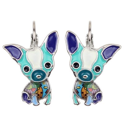 NEWEI Enamel Sweet Chihuahua Dog Earrings French Clip Stud Fashion Animal Jewelry For Women Gift (Blue)