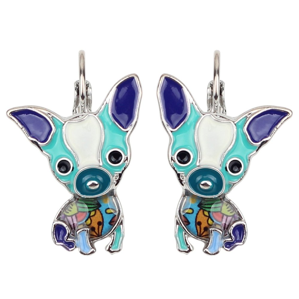NEWEI Enamel Sweet Chihuahua Dog Earrings French Clip Stud Fashion Animal Jewelry For Women Gift (Blue)