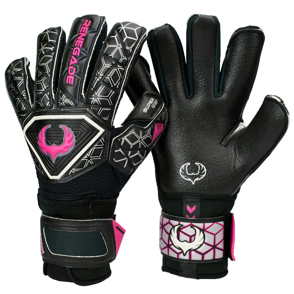 Renegade GK Triton Frenzy Goalie Gloves with Pro Fingersaves | 3.5+3mm Super Grip & 4mm Duratek | Black & Pink Soccer Goalkeeper Gloves (Size 5, Kids, Boys, Girls, Roll-Neg. Hybrid Cut, Level 2)