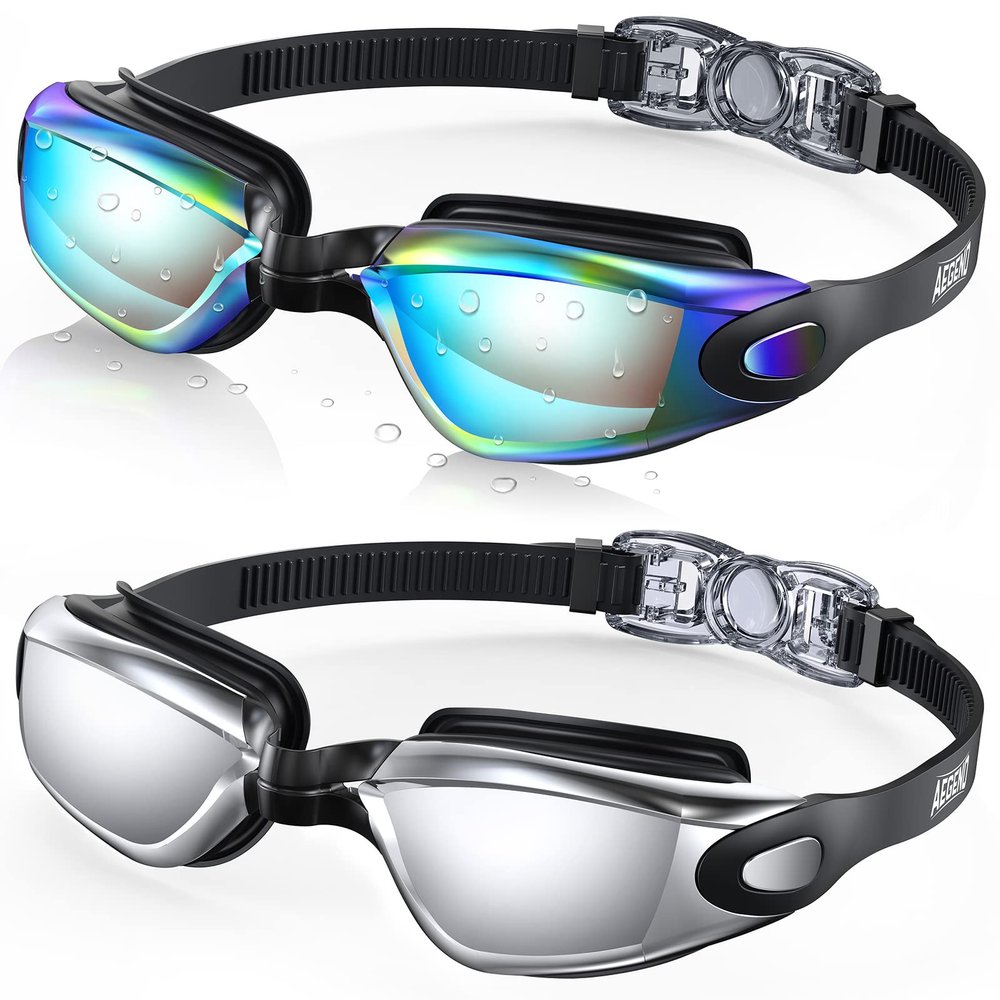 Aegend Swim Goggles, 2 Pack UV Protection, Adjustable, Anti Fog Swimming Goggles No Leaking Adult Men Women Youth, Aqua & Bright Sliver