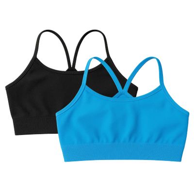 Kurve Girls' Underwear Crop Training Bra, Seamless Racerback Crop Top, UV Protective Fabric UPF 50+ (Made with Love in The USA), Black-Turquoise, Small/Medium (Ages 4-8)