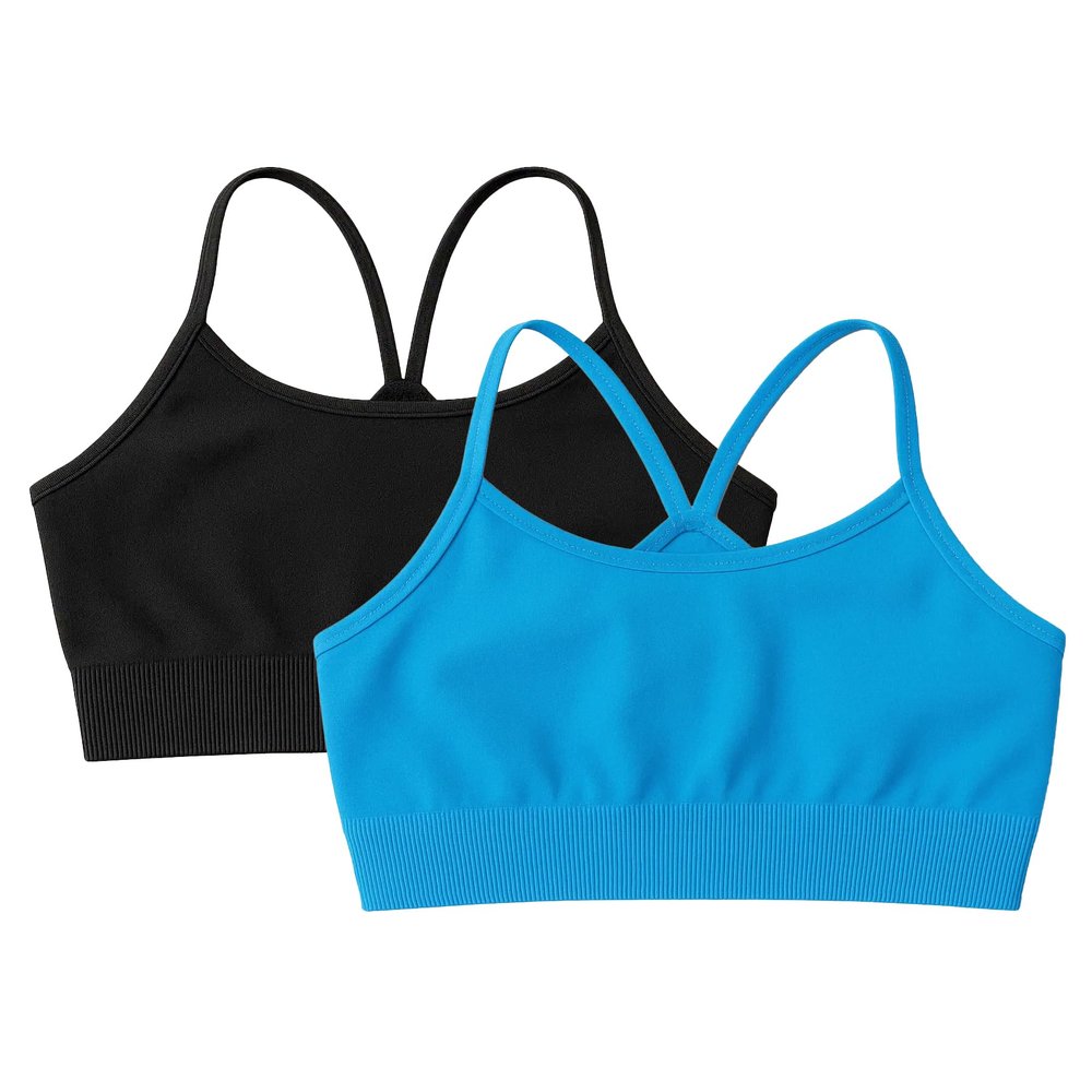 Kurve Girls' Underwear Crop Training Bra, Seamless Racerback Crop Top, UV Protective Fabric UPF 50+ (Made with Love in The USA), Black-Turquoise, Small/Medium (Ages 4-8)
