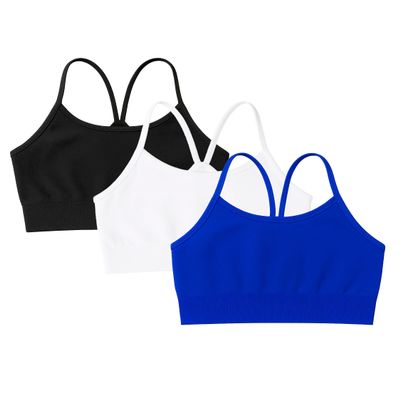 Kurve Girls' Underwear Crop Training Bra, Seamless Racerback Crop Top, UV Protective Fabric UPF 50+ (Made with Love in The USA), Black-White-Cobalt, Small/Medium (Ages 4-8)