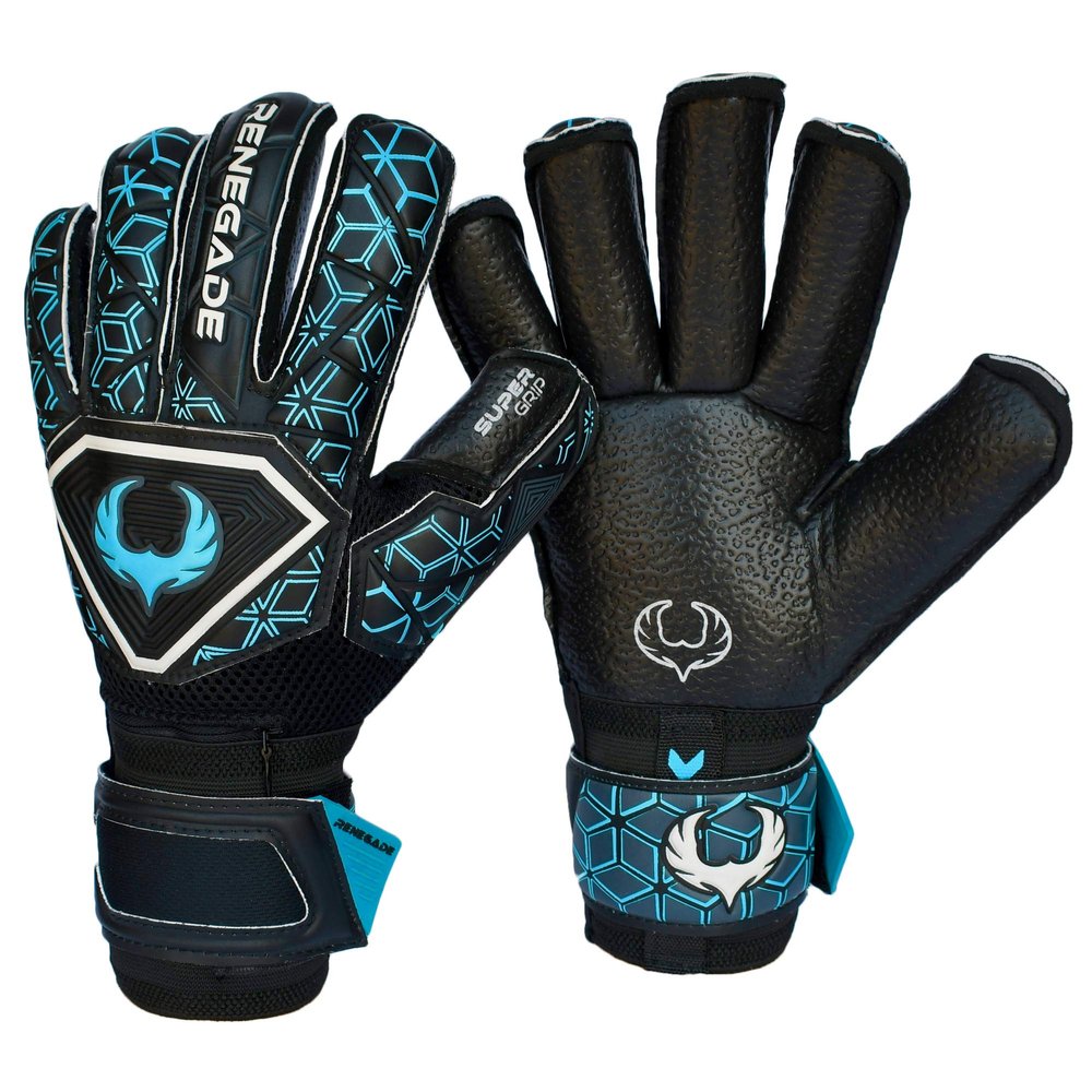 Renegade GK Triton Specter Goalie Gloves with Pro-Tek Fingersaves | 3.5+3mm Super Grip & 4mm Duratek | Black & Blue Goal Keeper Gloves (Size 10, Adult, Mens, Roll Cut, Level 2)