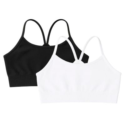 Kurve Girls' Underwear Crop Training Bra, Seamless Racerback Crop Top, UV Protective Fabric UPF 50+ (Made with Love in The USA), Black-White, Small/Medium (Ages 4-8)