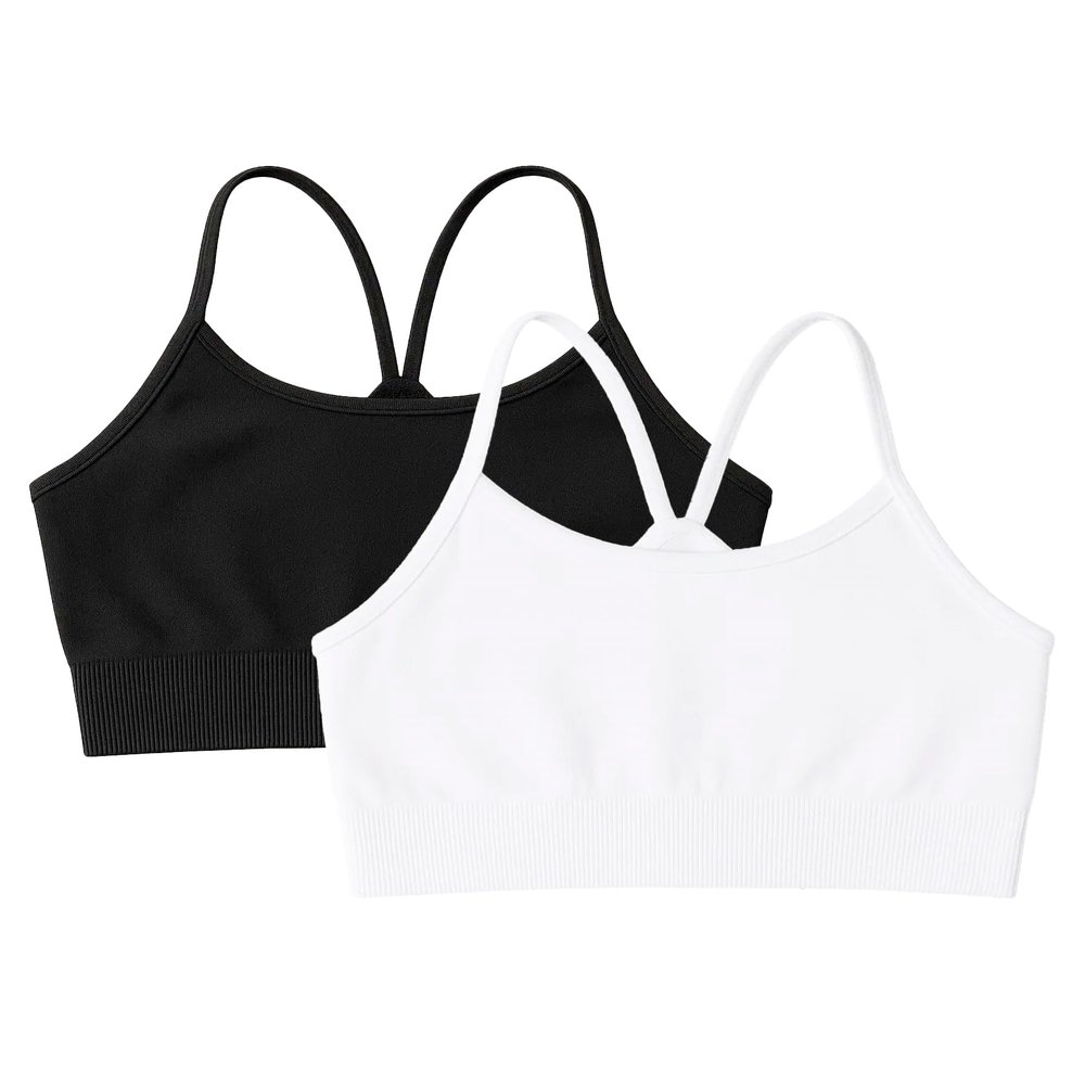 Kurve Girls' Underwear Crop Training Bra, Seamless Racerback Crop Top, UV Protective Fabric UPF 50+ (Made with Love in The USA), Black-White, Small/Medium (Ages 4-8)