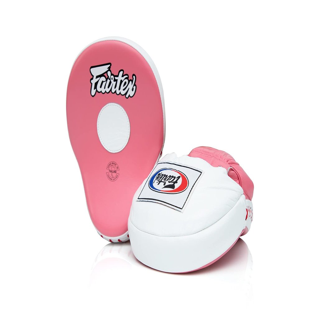 Fairtex FMV9 Contoured Focus Mitts |Striking Accuracy & Protection for Boxing, Muay Thai, Kickboxing |Ergonomic Design, Soft Padding, Secure Fit Leather -(Pink/White)