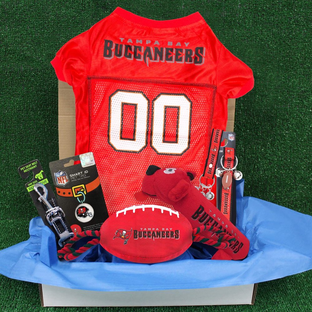 Tampa Bay Buccaneers PET GIFT BOX with 2 Licensed DOG TOYS, 1 Logo-engraved NATURAL DOG TREAT, 1 NFL JERSEY, 1 Puppy Training Bells & 1 Car Seatbelt