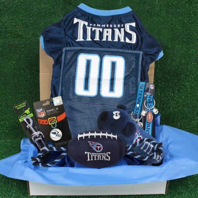 NFL Tennessee Titans PET GIFT BOX with 2 Licensed DOG TOYS, 1 Logo-engraved NATURAL DOG TREAT, 1 NFL JERSEY, 1 NFL Puppy Training Bells & 1 Car Seatbelt