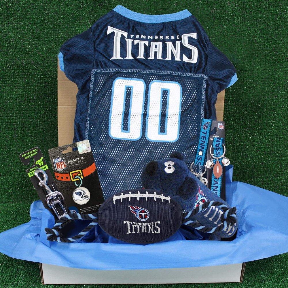 NFL Tennessee Titans PET GIFT BOX with 2 Licensed DOG TOYS, 1 Logo-engraved NATURAL DOG TREAT, 1 NFL JERSEY, 1 NFL Puppy Training Bells & 1 Car Seatbelt