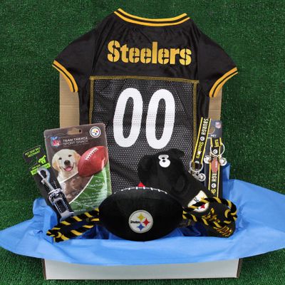 NFL Pittsburgh Steelers PET GIFT BOX with 2 Licensed DOG TOYS, 1 Logo-engraved NATURAL DOG TREAT, 1 NFL JERSEY, 1 NFL Puppy Training Bells & 1 Car Seatbelt