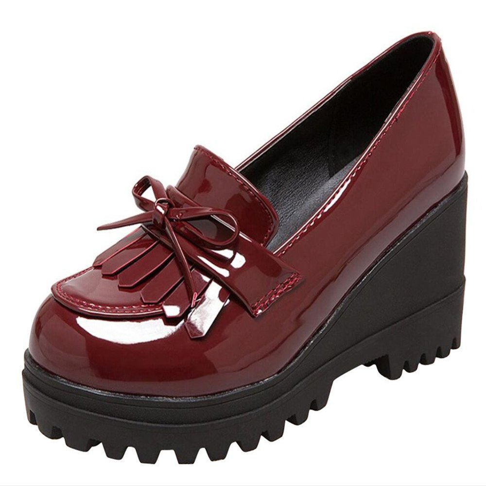 Wedge Oxfords Shoes for Women, Lolita Cosplay Japanese School Uniform Dress Shoes Heel Platform Loafers with Tassles (5.5, Red)