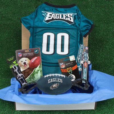 NFL Philadelphia Eagles PET GIFT BOX with 2 Licensed DOG TOYS, 1 Logo-engraved NATURAL DOG TREAT, 1 NFL JERSEY, 1 NFL Puppy Training Bells & 1 Car Seatbelt