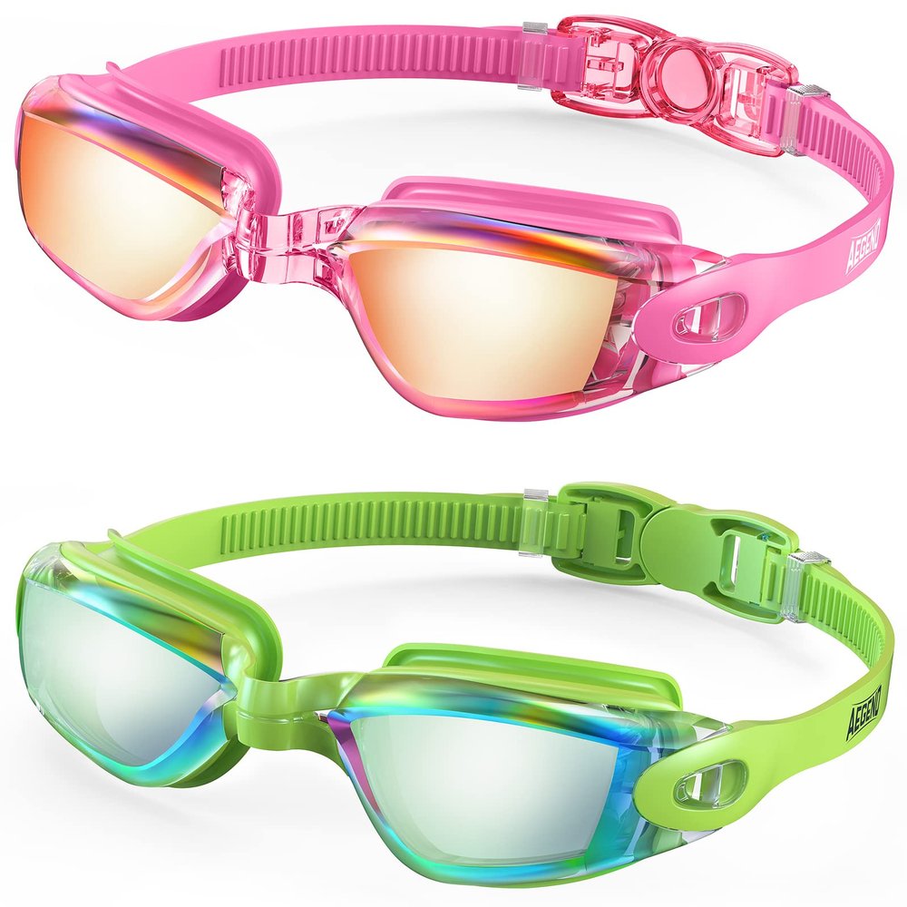 Aegend Swim Goggles, 2 Pack Swimming Goggles No Leaking Adult Men Women Youth, Flexible, Detachable, Mirrored, Pink & Green