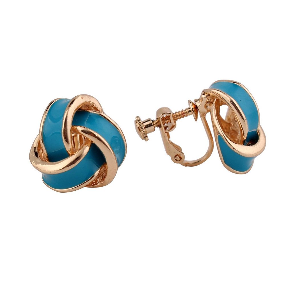 GRACE JUN Gold Plated Love Knot Shape Clip on Earrings No Pierced for Women Luxury Screw Clip Earrings (Blue)