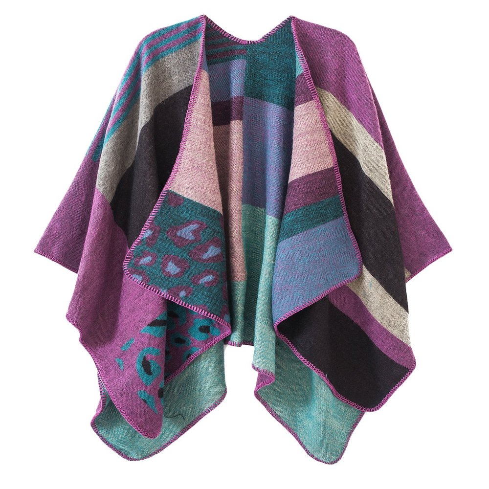 EXCHIC Women's Retro Shawl Wrap Open Front Poncho Cape Cardigan for Fall Winter (Purple)
