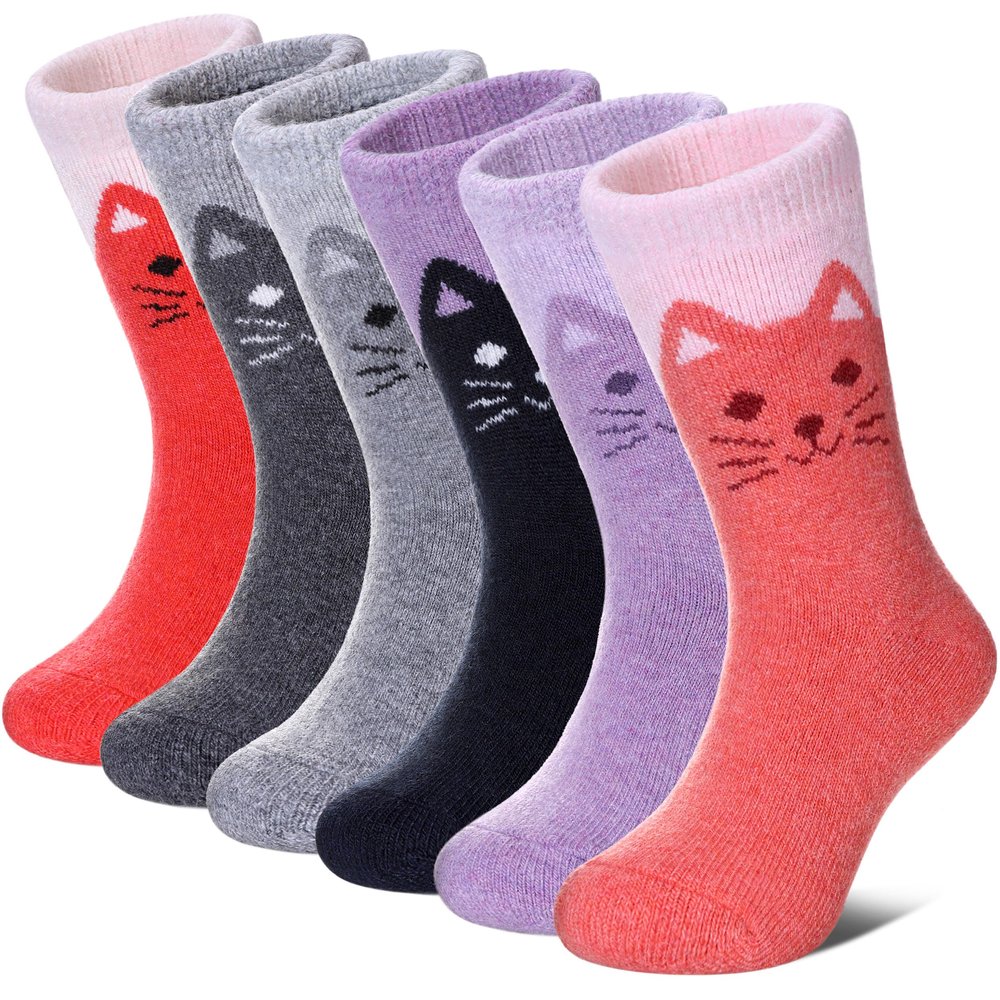 FNOVCO Kids Merino Wool Hiking Socks Toddlers Boys Girls Cozy Thermal Winter Thick Warm Crew Socks 6 Pairs (8-12 Years, Cute Cat)