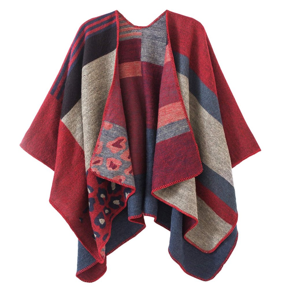 EXCHIC Women's Retro Shawl Wrap Open Front Poncho Cape Cardigan for Fall Winter (Red)
