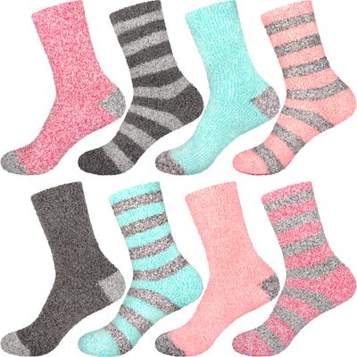 BambooMN Women's Extra Large Soft Fuzzy Warm Cozy Comfy Fuzzy Plush Cute Striped Solid Slipper Socks - Assortment B - 8 Pairs