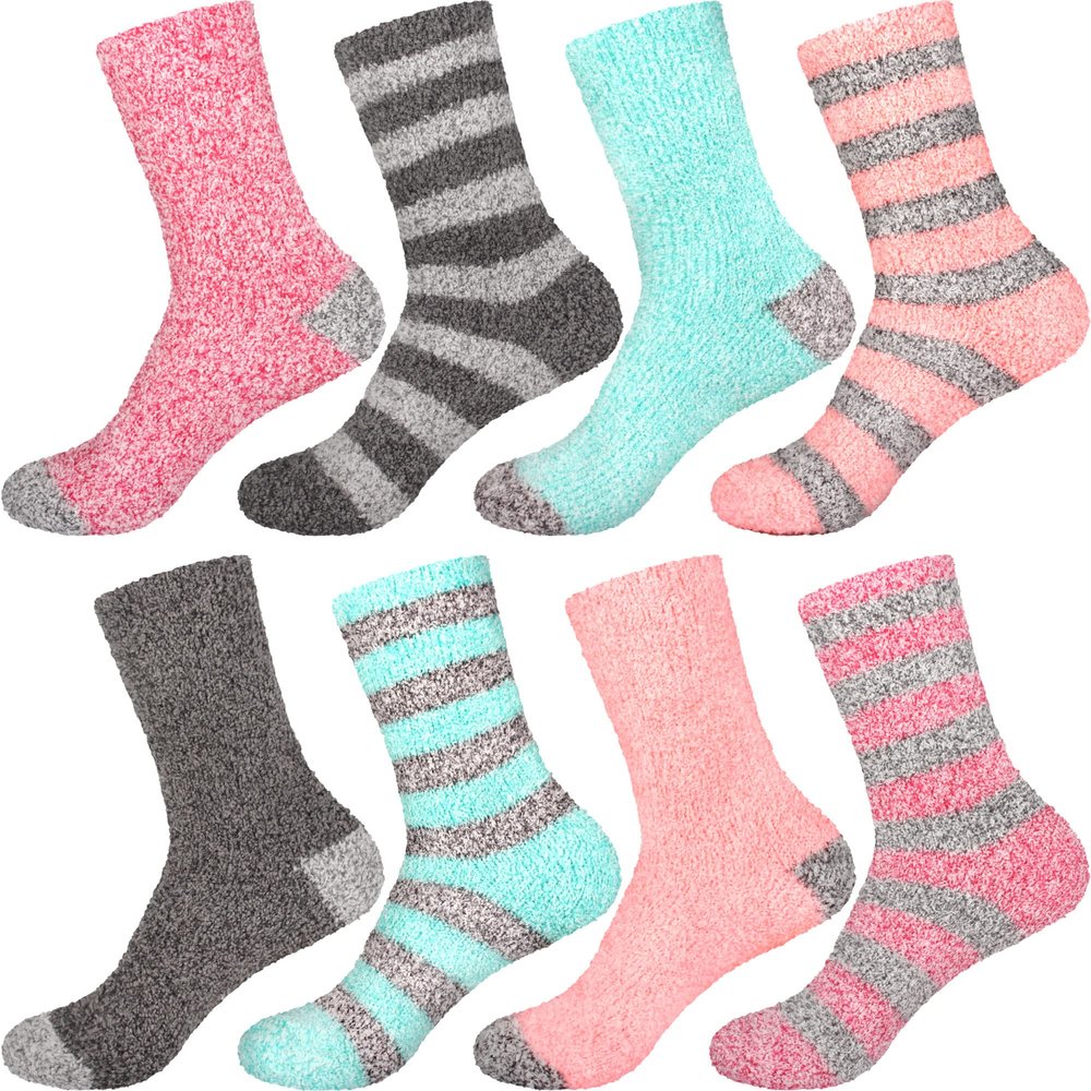 BambooMN Women's Extra Large Soft Fuzzy Warm Cozy Comfy Fuzzy Plush Cute Striped Solid Slipper Socks - Assortment B - 8 Pairs