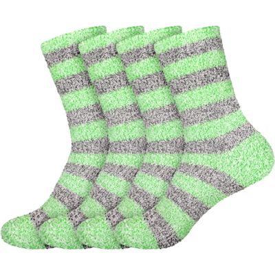 BambooMN Women's Soft Fuzzy Warm Cozy Comfy Fuzzy Plush Cute Striped Slipper Socks - Green Grey - 4 Pairs