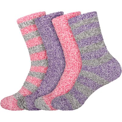 BambooMN Women's Extra Large Soft Fuzzy Warm Cozy Comfy Fuzzy Plush Cute Striped Solid Slipper Socks - Assortment D - 4 Pairs
