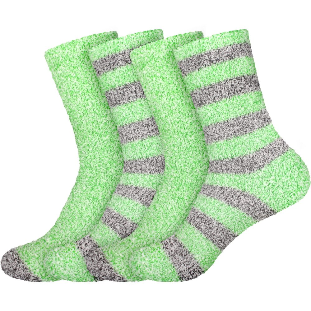 BambooMN Women's Extra Large Soft Fuzzy Warm Cozy Comfy Fuzzy Plush Cute Striped Solid Slipper Socks - Green Grey - 4 Pairs