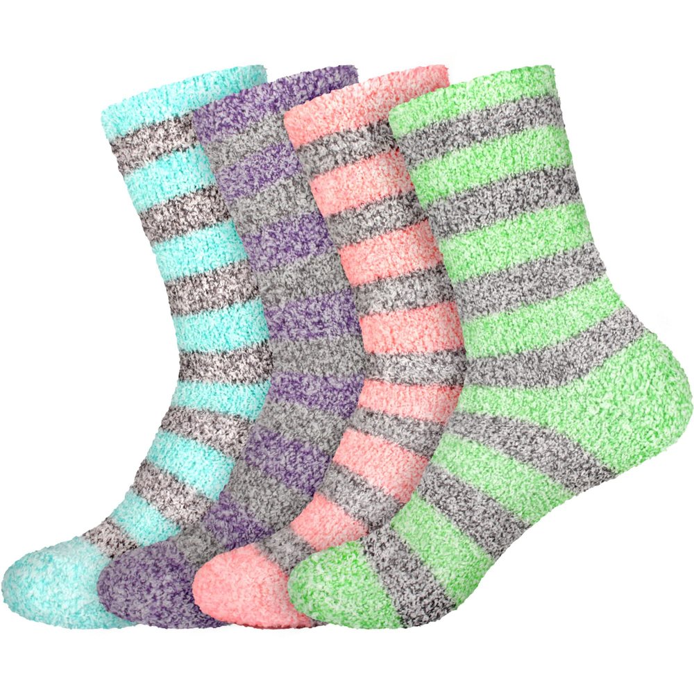 BambooMN Women's Extra Large Soft Fuzzy Warm Cozy Comfy Fuzzy Plush Cute Striped Slipper Socks - Assortment A - 4 Pairs