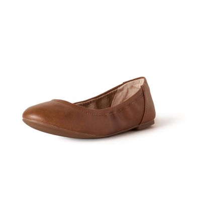 Amazon Essentials Women's Comfortable Round Toe Ballet Flats, Cushioned Memory Foam, Chestnut Brown Faux Leather, 12