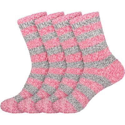 BambooMN Women's Extra Large Soft Fuzzy Warm Cozy Comfy Fuzzy Plush Cute Striped Slipper Socks - Red Grey - 4 Pairs