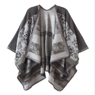 EXCHIC Womens Retro Warm Shawls Poncho Cape Floral Printed Open Front Cardigans Sweater (Grey)